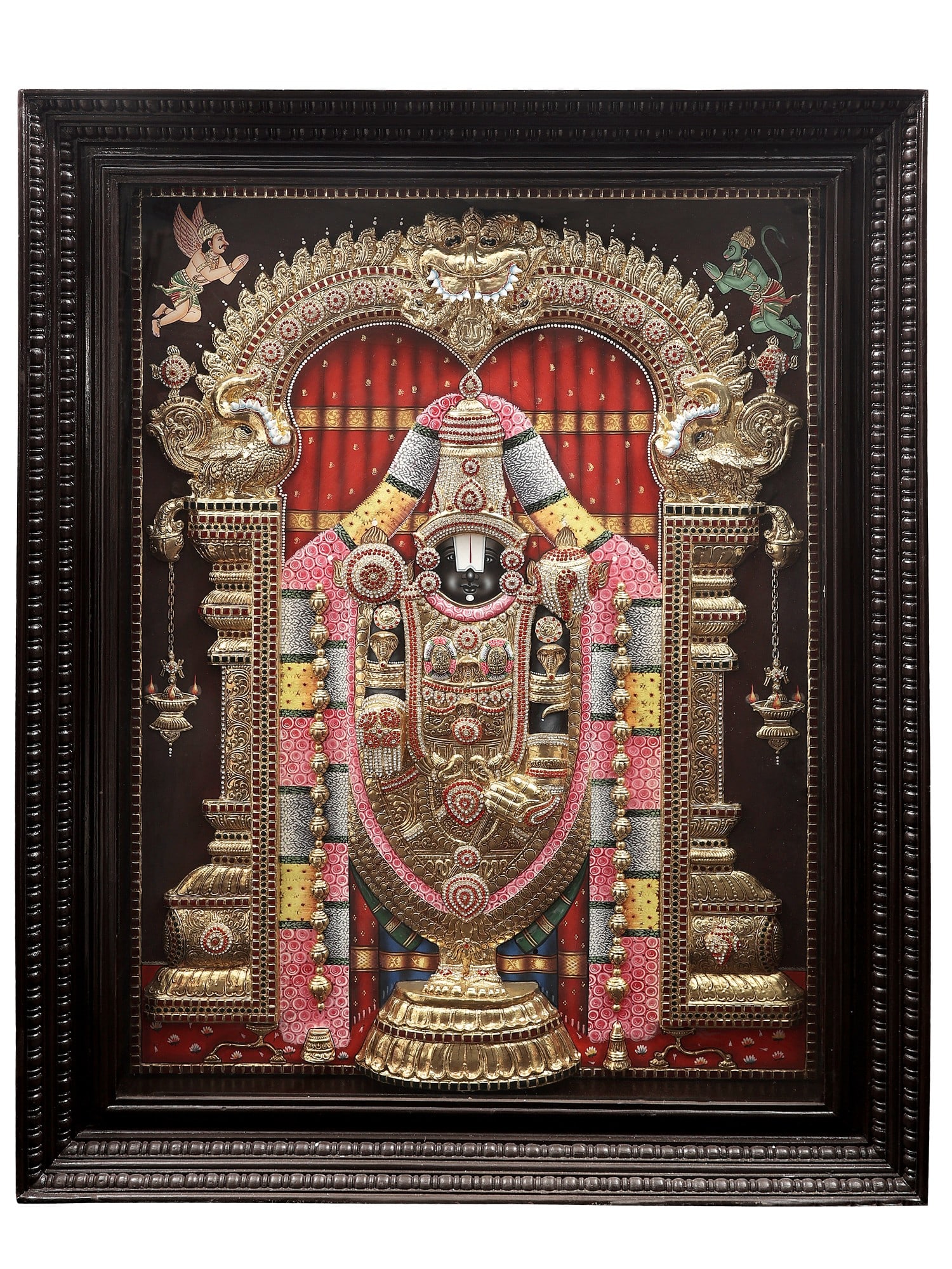 Lord Venkateshvara as Balaji Tanjore Painting | Traditional Colors With 24K Gold | Teakwood Frame |: Title: Lord Venkateshvara as Balaji Tanjore Painting | Traditional Colors With 24K Gold | Teakwood Frame | Gold & Wood | Handmade | Made In India Description: Tanjore (Thanjavur) Painting Reserve: