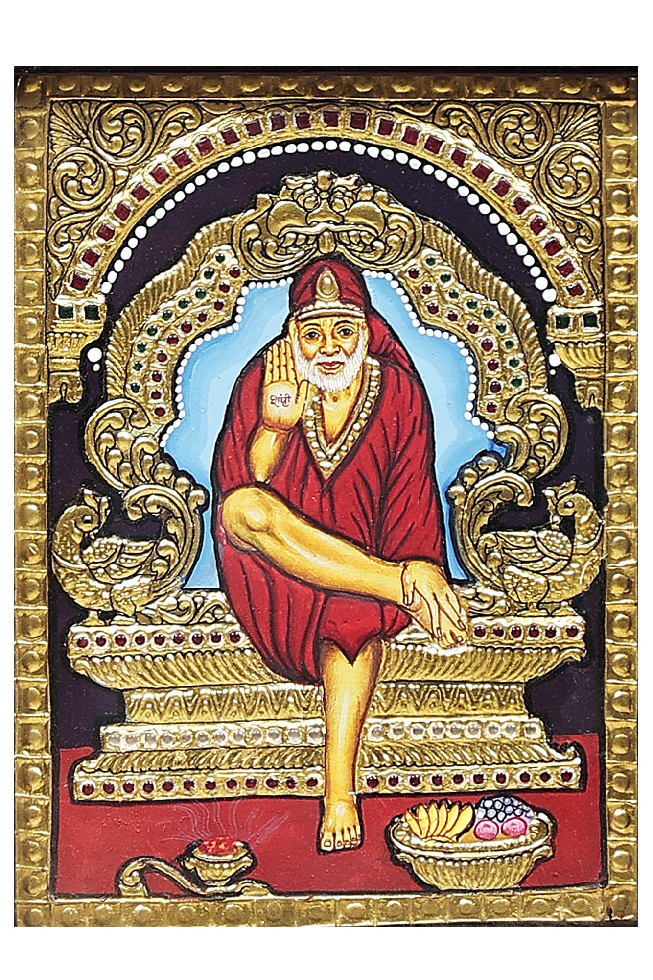 Shirdi Sai Baba Tanjore Painting | Traditional Colors With Gold | Teakwood Frame | Gold & Wood | - 2