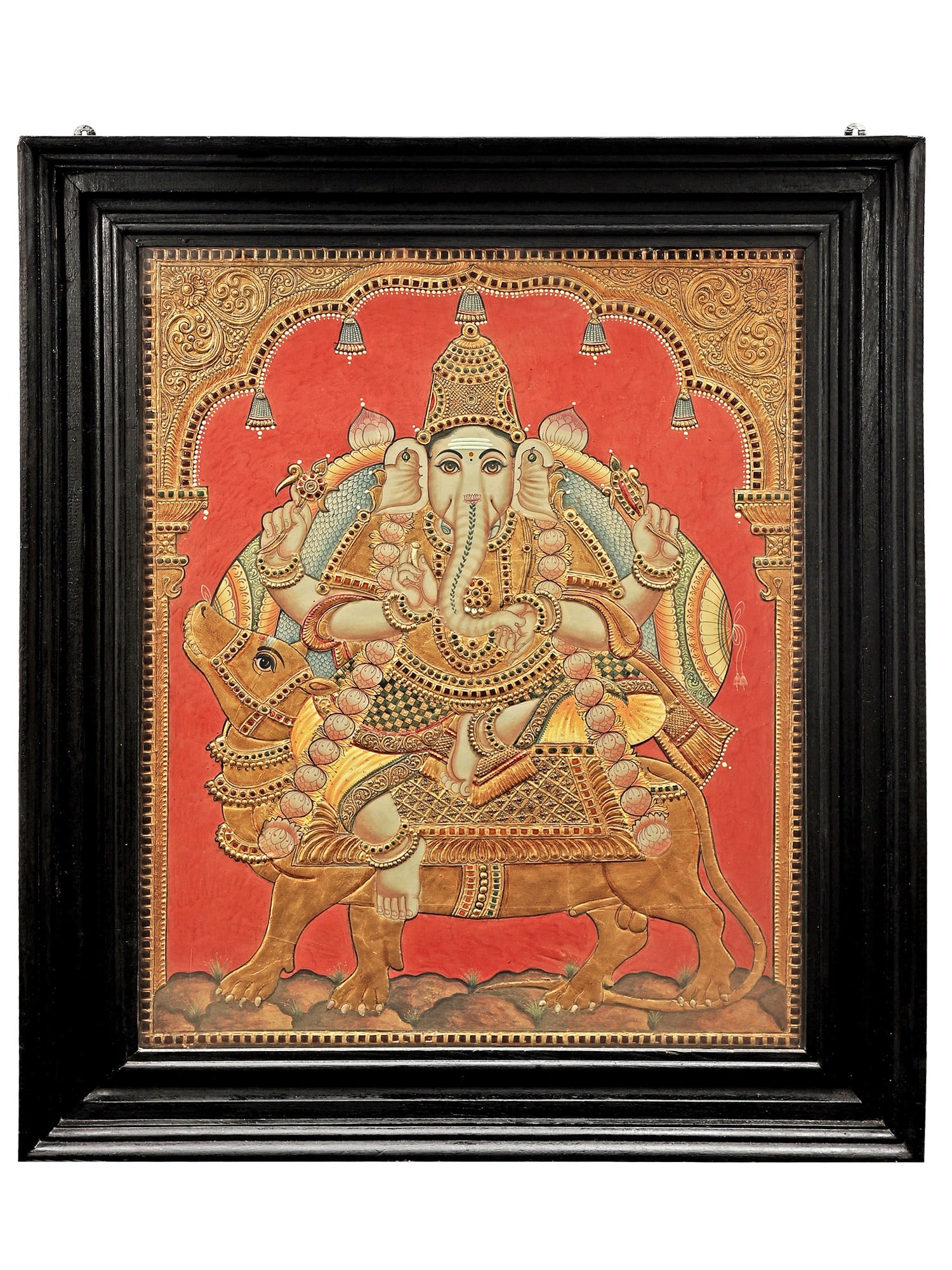 Lord Ganesha Seated on a Rat Tanjore Painting | Traditional Colors With 24K Gold | Teakwood Frame |: Title: Lord Ganesha Seated on a Rat Tanjore Painting | Traditional Colors With 24K Gold | Teakwood Frame | Gold & Wood | Handmade | Made In India Description: Tanjore (Thanjavur) Painting Reserve: $1,