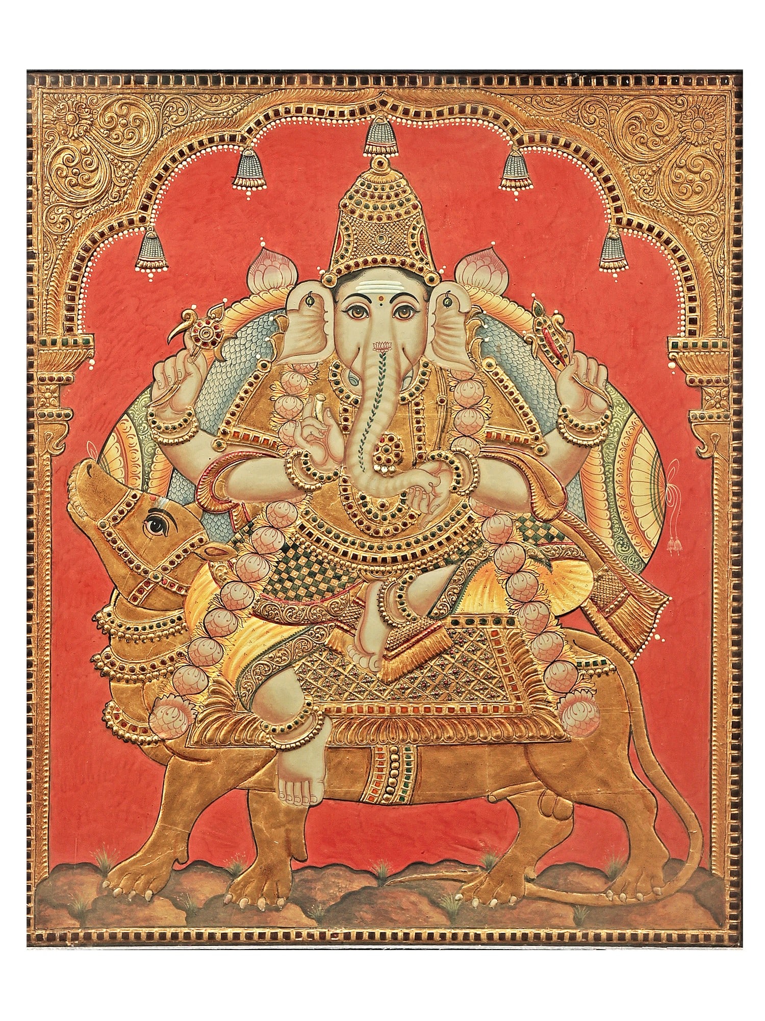 Lord Ganesha Seated on a Rat Tanjore Painting | Traditional Colors With 24K Gold | Teakwood Frame | - 2