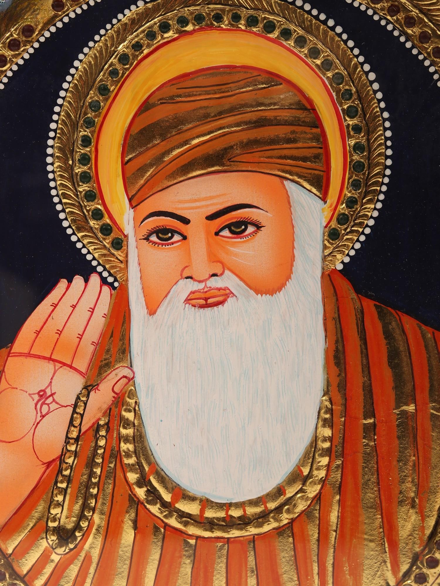 Guru Nanak Sahib Tanjore Painting | Traditional Colors With 24K Gold | Teakwood Frame | Gold & Wood - 2