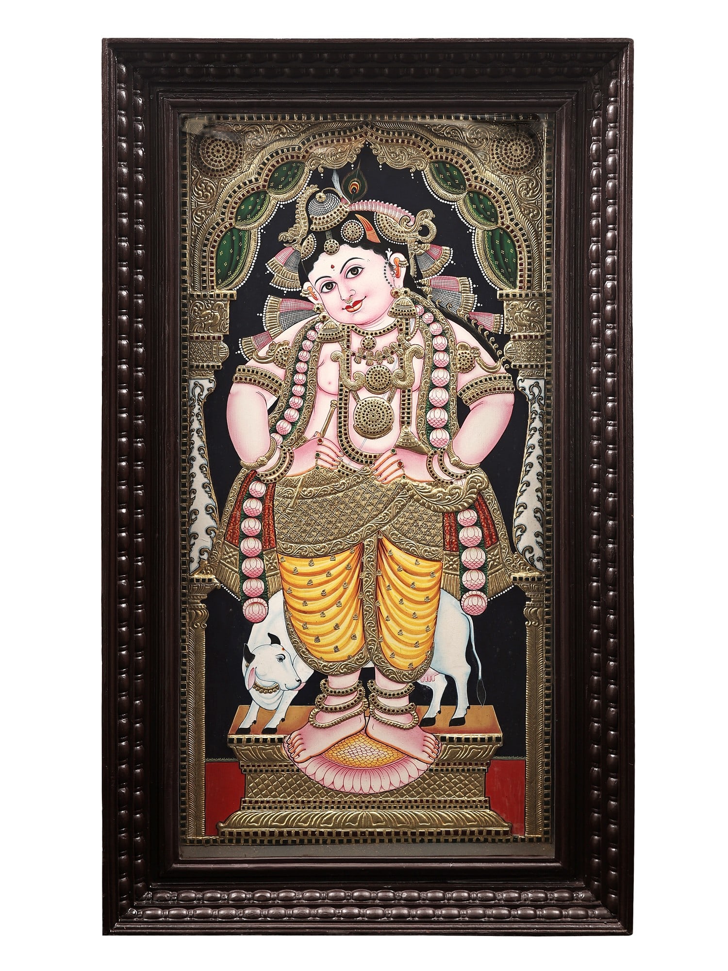 Standing Navaneeta Krishna Tanjore Painting | Traditional Colors With 24K Gold | Teakwood Frame |: Title: Standing Navaneeta Krishna Tanjore Painting | Traditional Colors With 24K Gold | Teakwood Frame | Handmade Description: Tanjore (Thanjavur) Painting Reserve: $2,711.70 Shipping: Domestic: Shipp