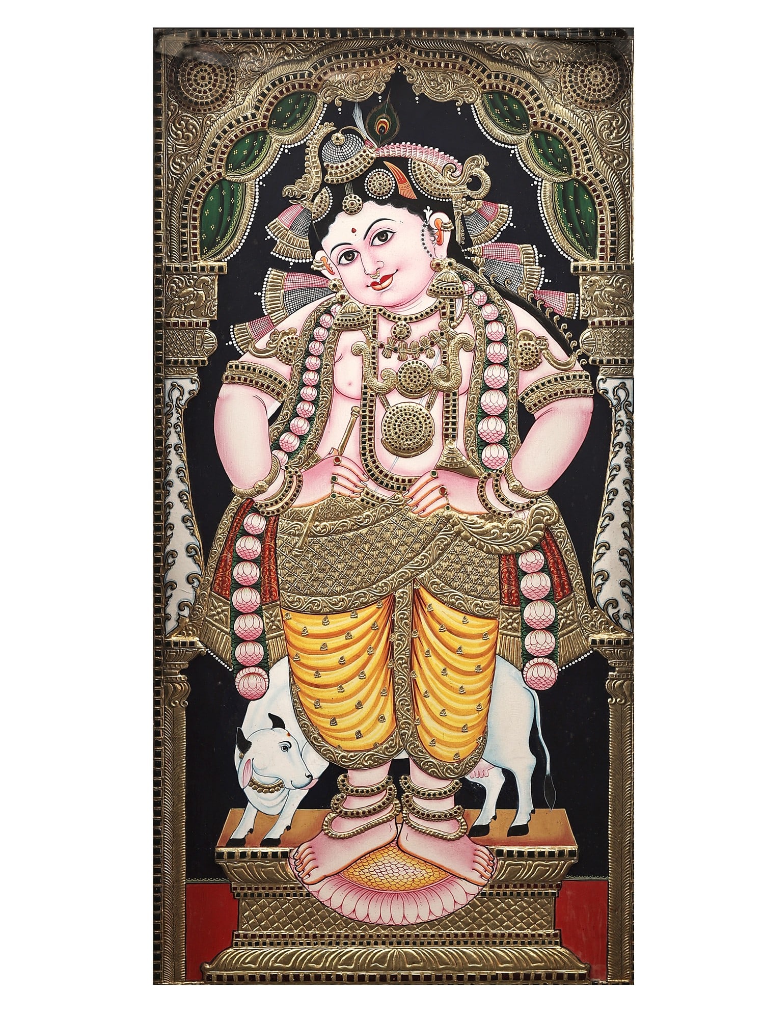 Standing Navaneeta Krishna Tanjore Painting | Traditional Colors With 24K Gold | Teakwood Frame | - 2