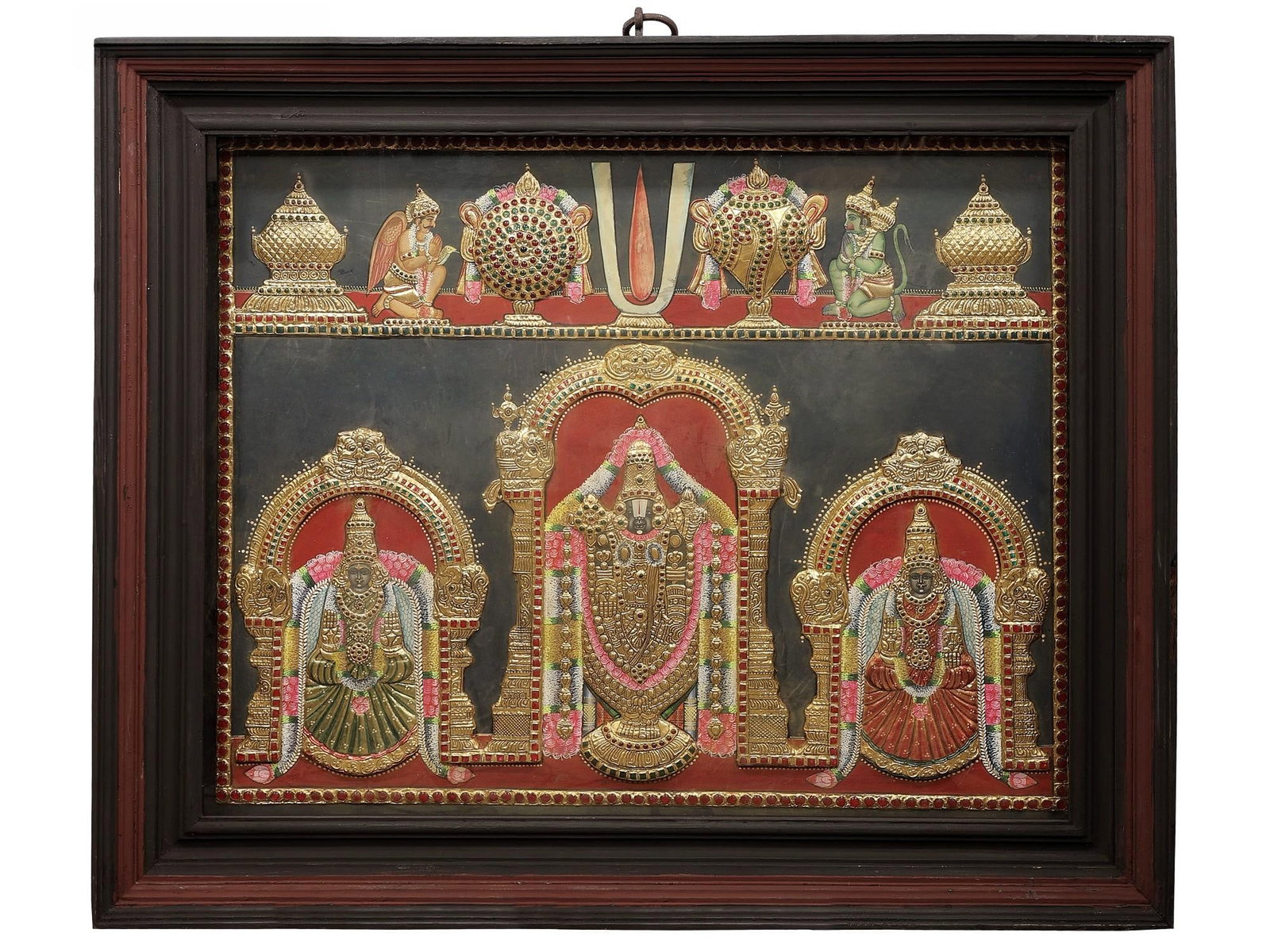 Lord Venkateshvara with Sridevi Bhudevi Tanjore Painting | Traditional Colors With 24K Gold |: Title: Lord Venkateshvara with Sridevi Bhudevi Tanjore Painting | Traditional Colors With 24K Gold | Teakwood Frame | Handmade Artwork Description: Tanjore (Thanjavur) Painting Reserve: $1,884.60 Ship
