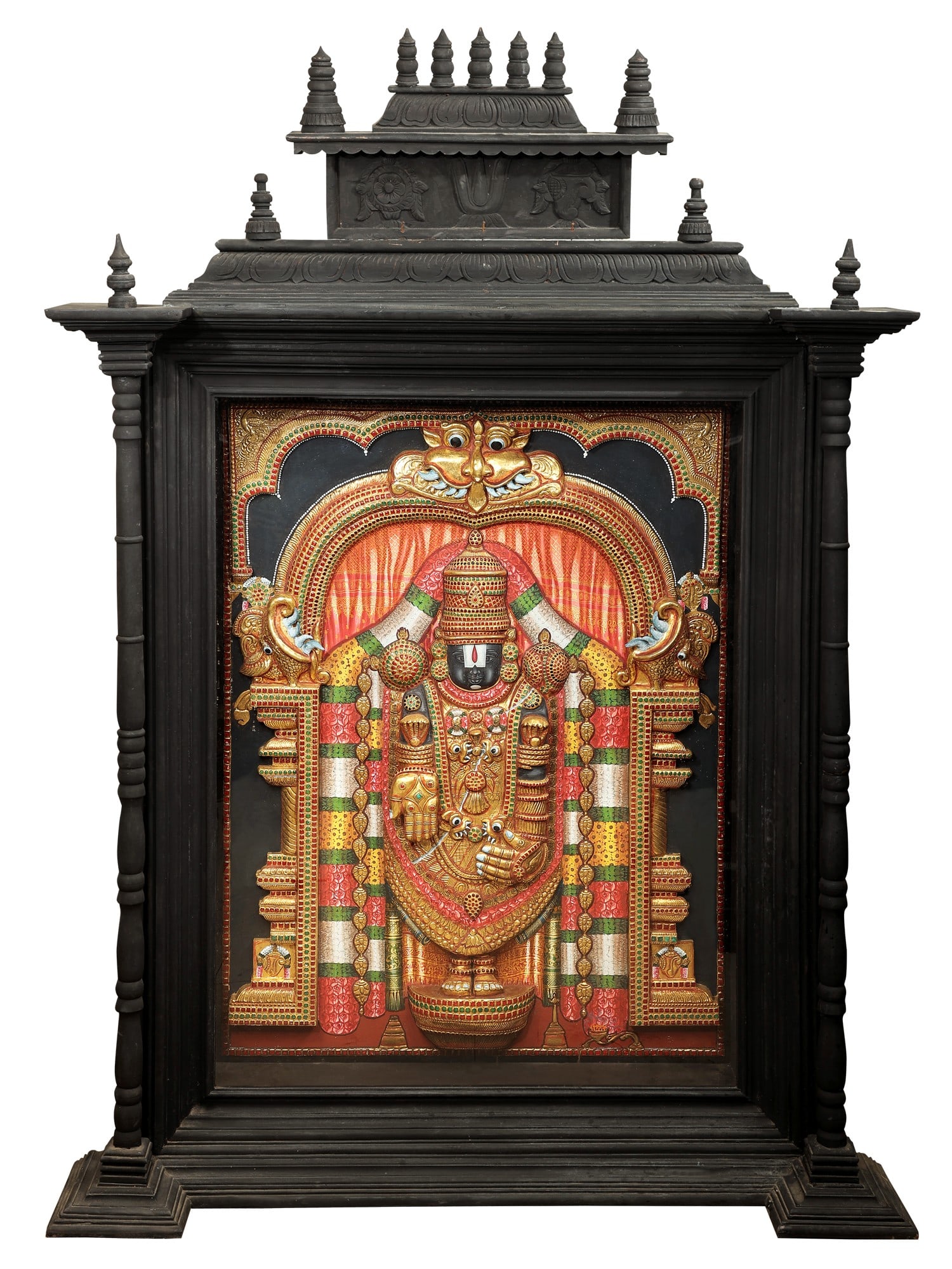Large Lord Venkateshvara as Tirupati Balaji Tanjore Painting | Traditional Colors With 24K Gold |: Title: Large Lord Venkateshvara as Tirupati Balaji Tanjore Painting | Traditional Colors With 24K Gold | Teakwood Frame | Handmade Description: Tanjore (Thanjavur) Painting Reserve: $14,169.60 Shippin