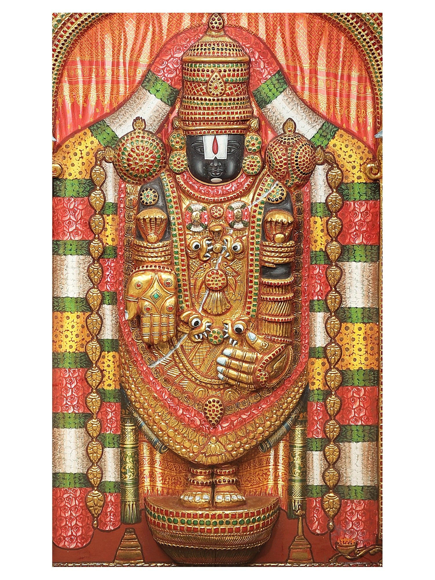 Large Lord Venkateshvara as Tirupati Balaji Tanjore Painting | Traditional Colors With 24K Gold | - 2