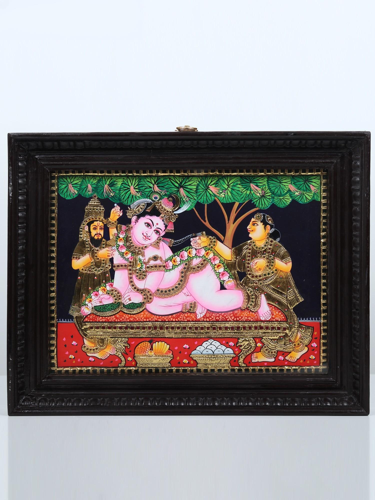 Maiya Yashoda with Bal Krishna Tanjore Painting | Traditional Colors With 24K Gold | Teakwood Frame: Title: Maiya Yashoda with Bal Krishna Tanjore Painting | Traditional Colors With 24K Gold | Teakwood Frame | Handmade Description: Tanjore (Thanjavur) Painting Reserve: $444.60 Shipping: Domestic: