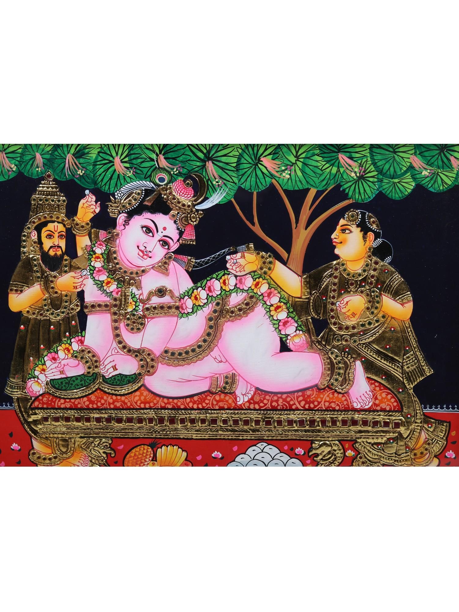 Maiya Yashoda with Bal Krishna Tanjore Painting | Traditional Colors With 24K Gold | Teakwood Frame - 2