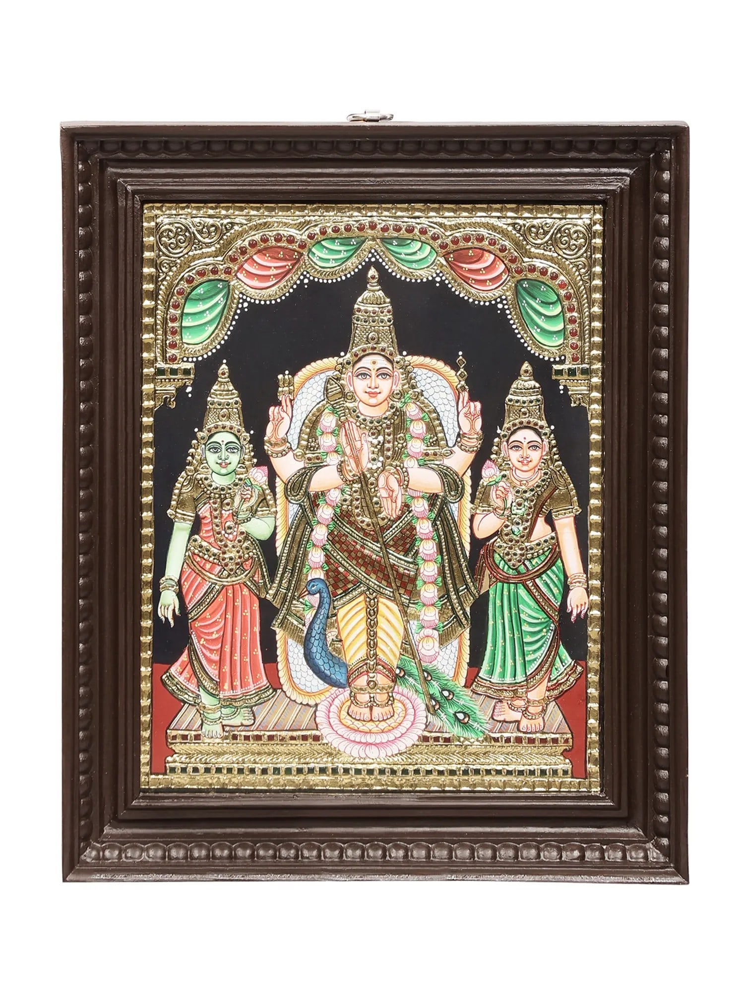 Lord Karttikeya With Devasena And Valli Tanjore Painting | Traditional Colors With 24K Gold | (1 of 2)