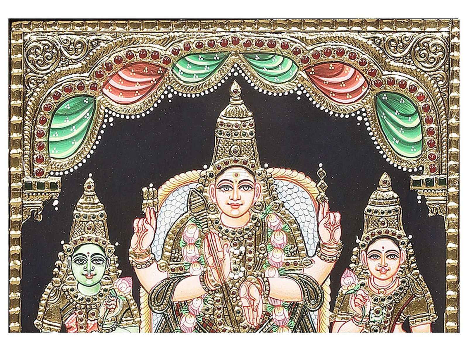 Lord Karttikeya With Devasena And Valli Tanjore Painting | Traditional Colors With 24K Gold | - 2
