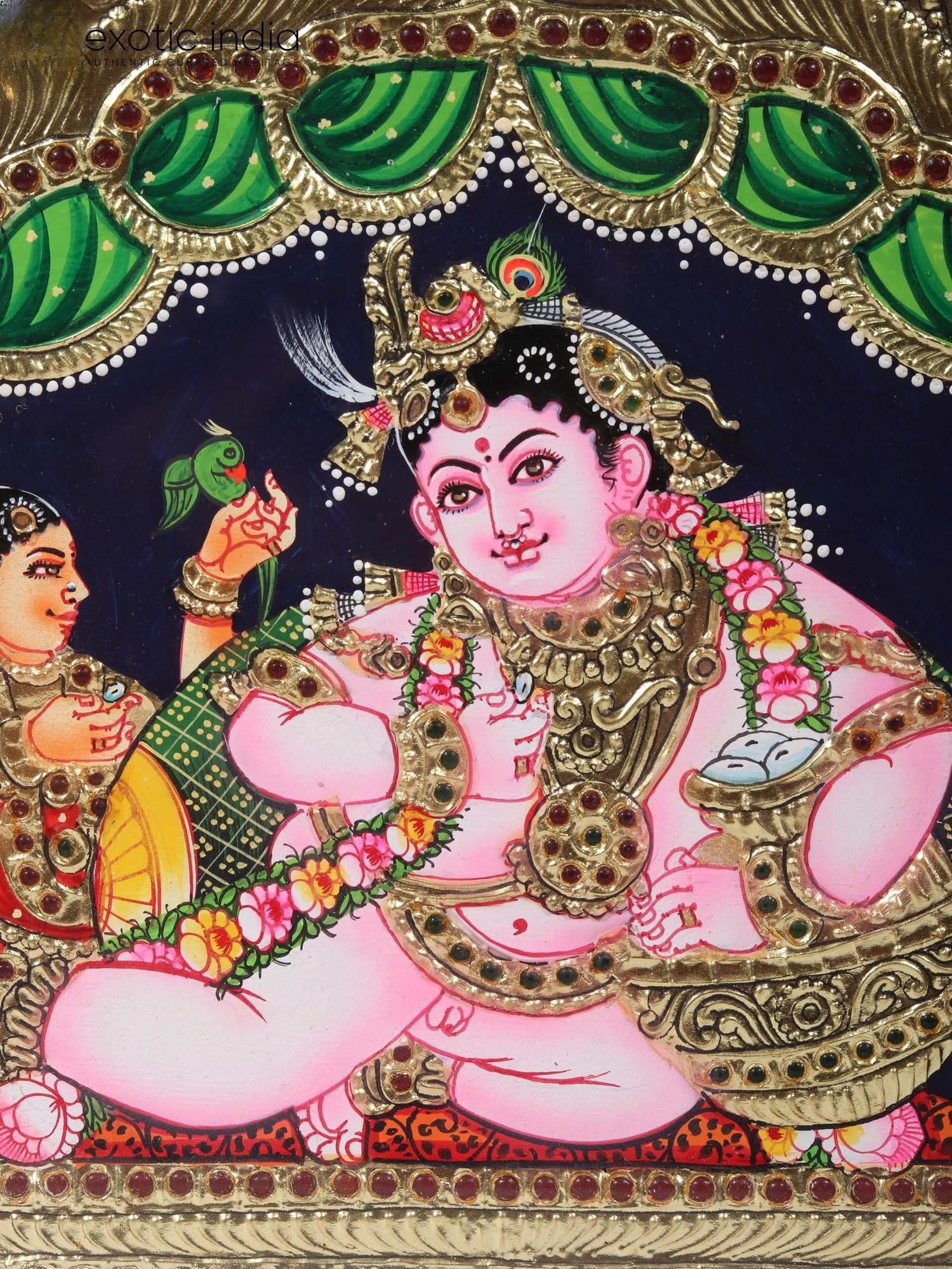 Butter Krishna Tanjore Painting | Traditional Colors with Gold | Teakwood Frame | Handmade | Made in - 2