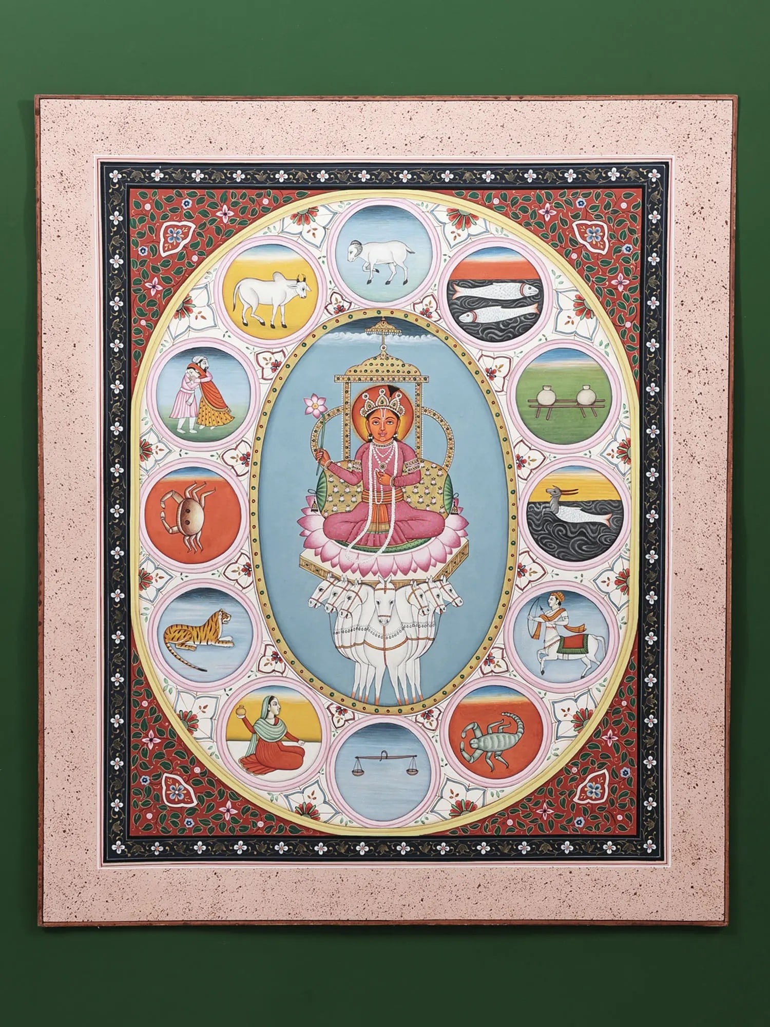 Surya, Sun God with 12 Zodiac Signs (Astrological Diagram): Title: Surya, Sun God with 12 Zodiac Signs (Astrological Diagram) Description: Hindu Gods & Goddesses Painting Reserve: $1,175.40 Shipping: Domestic: Shipping rates are determined by destination to an