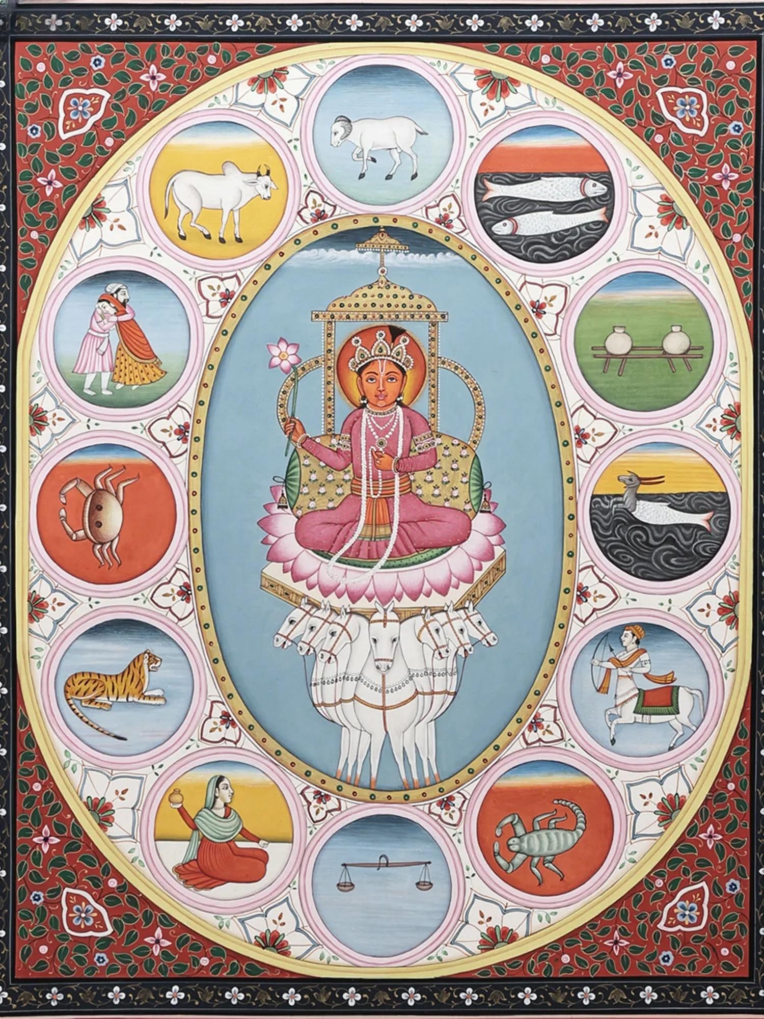 Surya, Sun God with 12 Zodiac Signs (Astrological Diagram) - 2