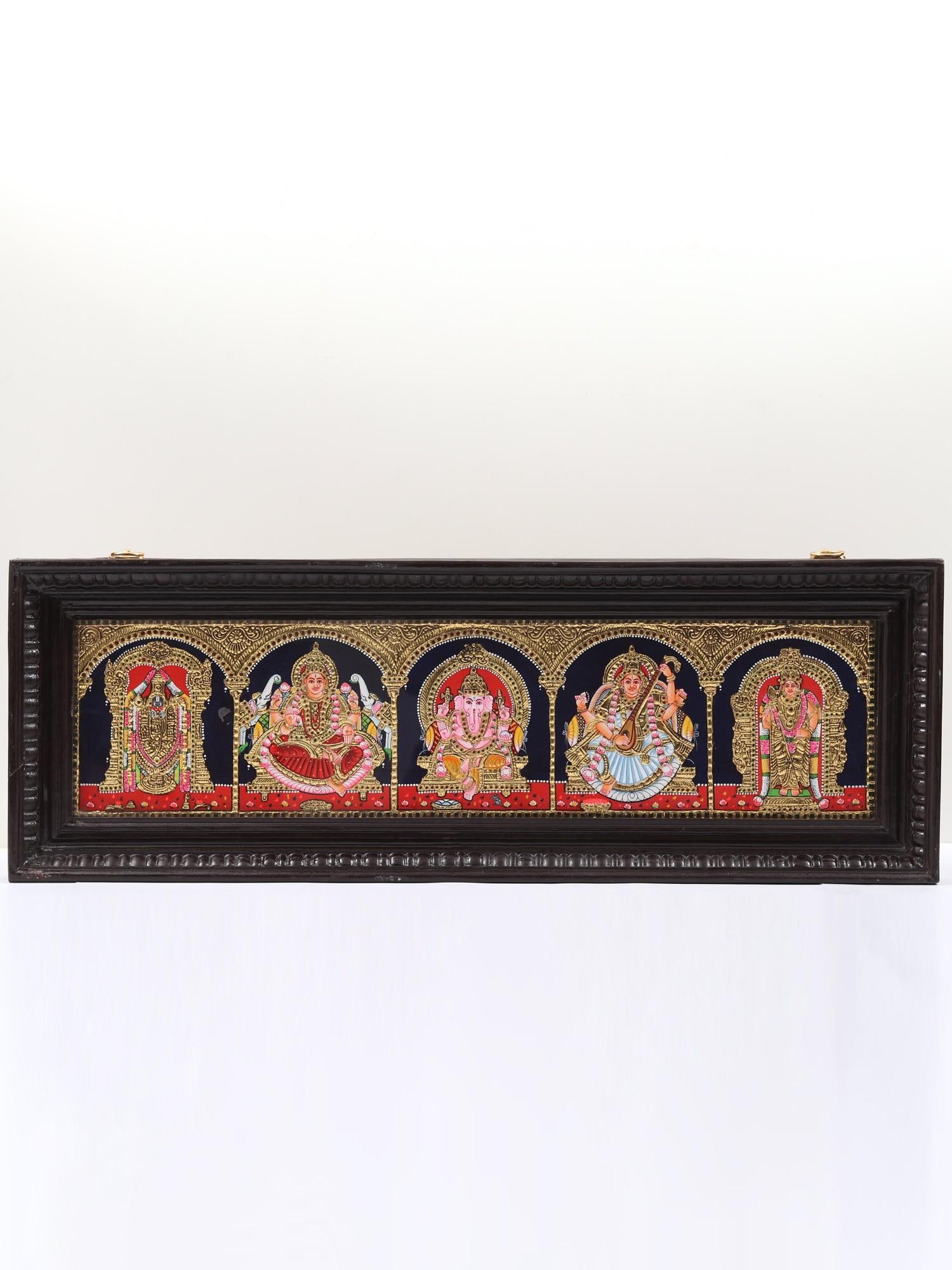 Ganesha with Lakshmi & Saraswati Tanjore Painting | Traditional Colors With 24K Gold | Teakwood: Title: Ganesha with Lakshmi & Saraswati Tanjore Painting | Traditional Colors With 24K Gold | Teakwood Frame | Gold & Wood | Handmade Description: Tanjore (Thanjavur) Painting Reserve: $1,287.90