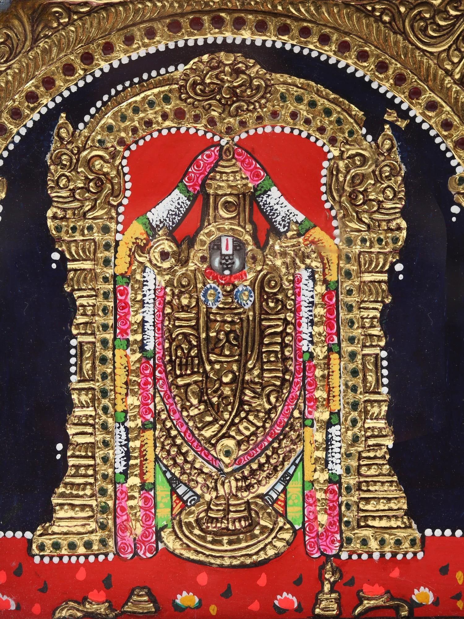 Ganesha with Lakshmi & Saraswati Tanjore Painting | Traditional Colors With 24K Gold | Teakwood - 2