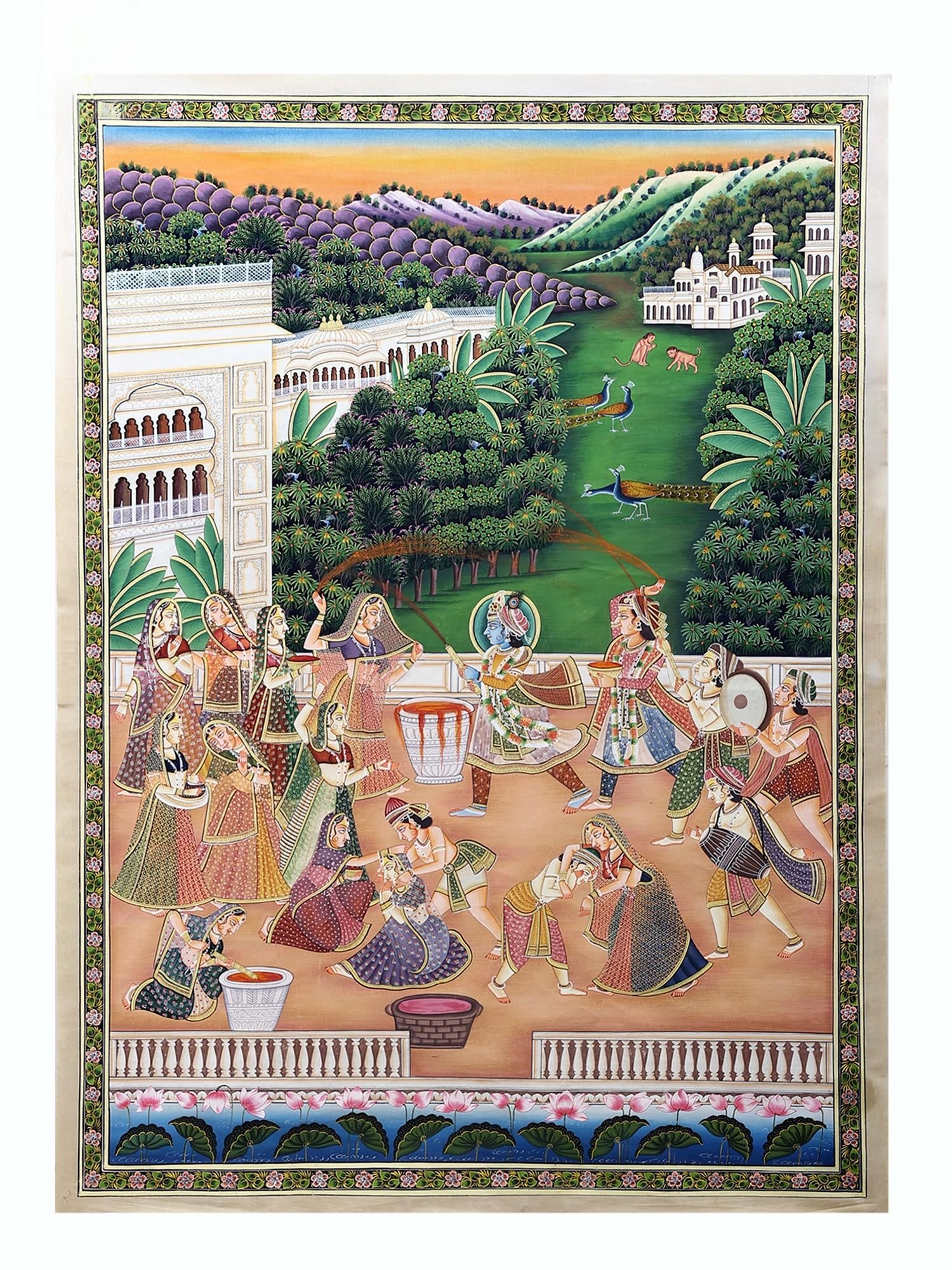 Lord Krishna Playing Holi with Radha and Gopis | Pichwai Art: Title: Lord Krishna Playing Holi with Radha and Gopis | Pichwai Art Description: Large Sized Paintings Reserve: $512.10 Shipping: Domestic: Shipping rates are determined by destination to anywhere wit