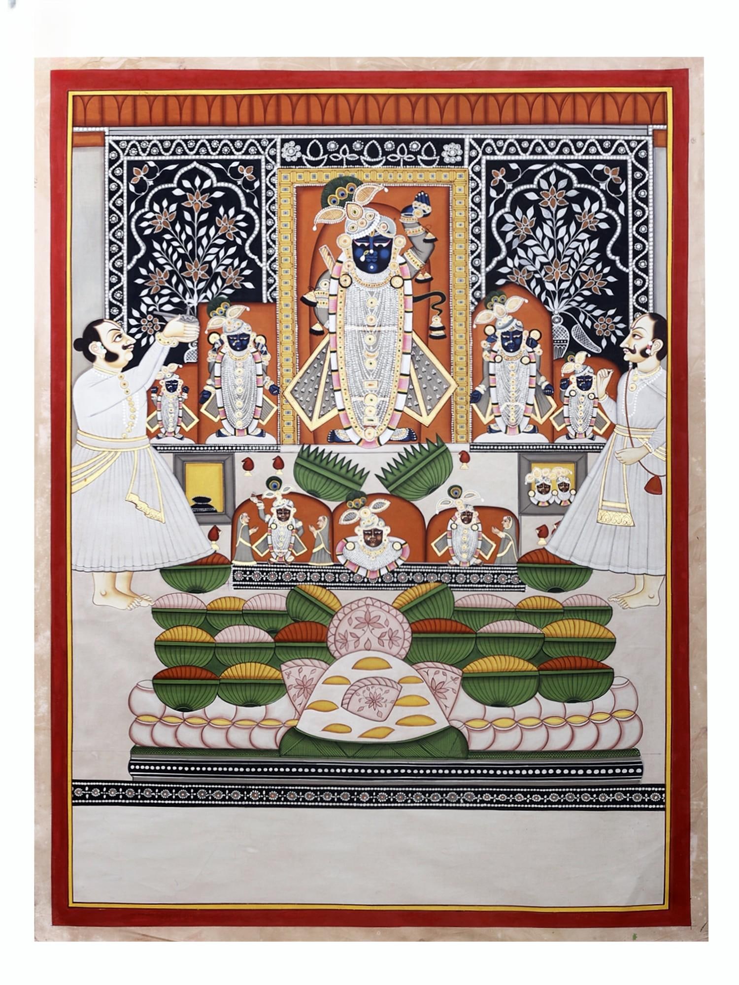 Annakuta- Govardhan Puja Srinath Ji Pichwai Art: Title: Annakuta- Govardhan Puja Srinath Ji Pichwai Art Description: Large Sized Paintings Reserve: $686.70 Shipping: Domestic: Shipping rates are determined by destination to anywhere within the conti