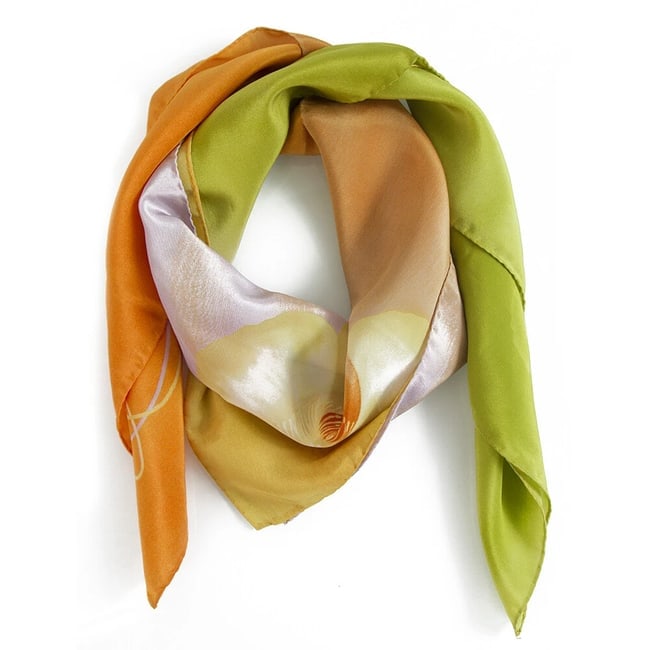 Max Praga Green & Orange Floral Flowers Silk Scarf Foulard Wrap - 2