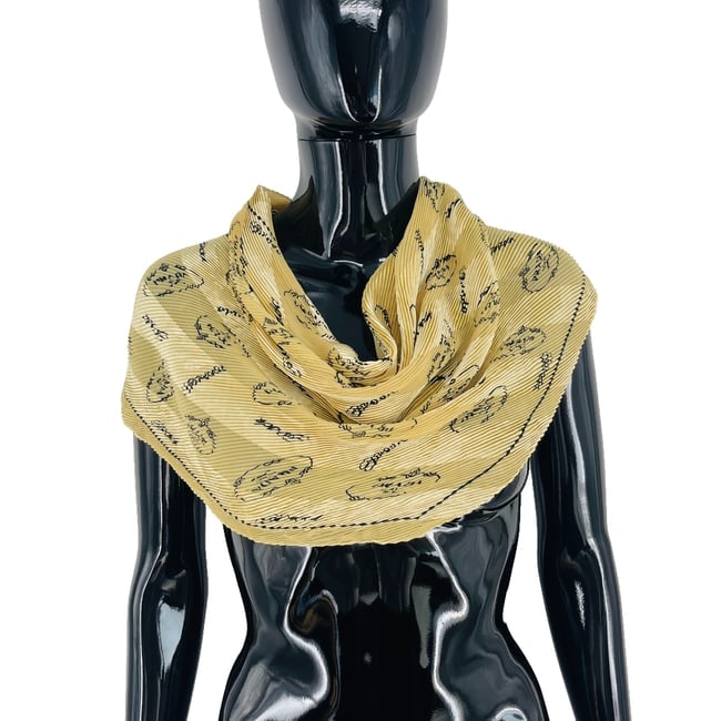 Prada Gold Monogram Stretch Silk Scarf: Title:Prada Gold Monogram Stretch Silk Scarf Brand:Prada Date/Period:Modern Materials:100% Silk Size:One Size Description:Prada Gold Monogram Stretch Silk Scarf Reserve: $150.00 Shipping: Domestic: