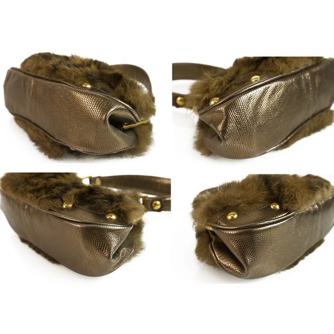 DESMO Genuine Fur with Bronze Metallic Lizard embossed leather Handbag Bag Purse - 4