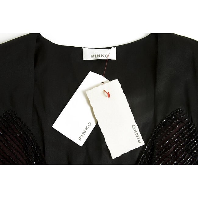 Pinko Black Fully Beaded Sleeveless Draped Tulip Mini Dress sz 44 - 3