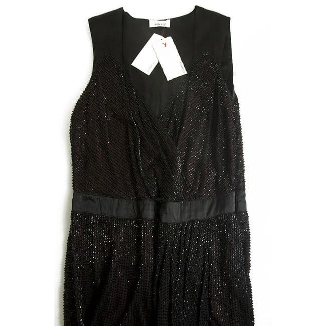 Pinko Black Fully Beaded Sleeveless Draped Tulip Mini Dress sz 44 - 5