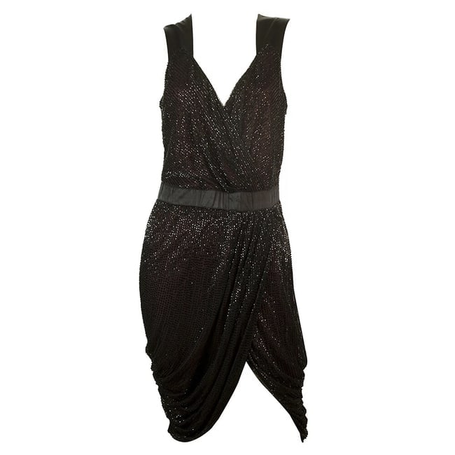 Pinko Black Fully Beaded Sleeveless Draped Tulip Mini Dress sz 44 - 6