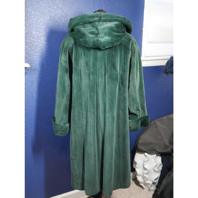 Stunning Emerald Green Sheared Mink Hooded Fur Coat Jacket 7/8ths length - 3