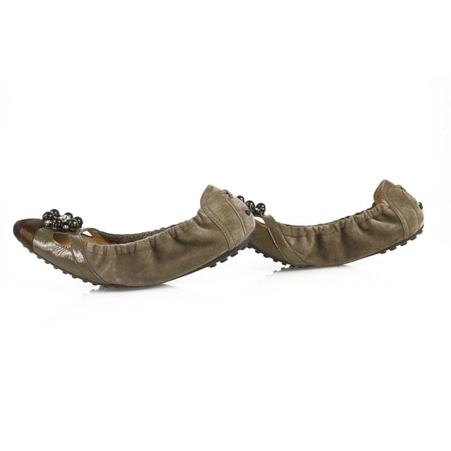 TOD'S Gommino Taupe Suede Beaded Ballerinas Flat Elastic Shoes Rubber Soles 36,5 - 5