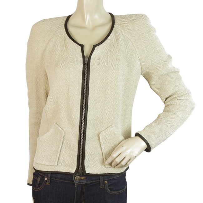Isabel Marant Ecru Herringbone Black Leather Trim Zipper Cardigan Jacket size 2 (1 of 6)