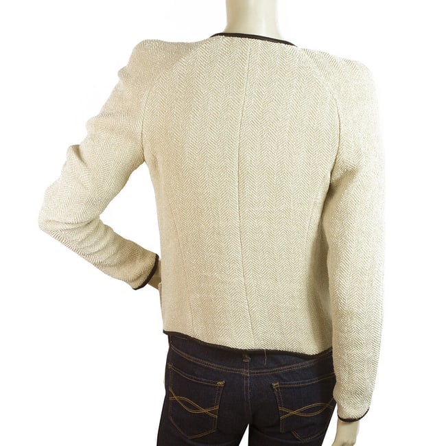 Isabel Marant Ecru Herringbone Black Leather Trim Zipper Cardigan Jacket size 2 - 2