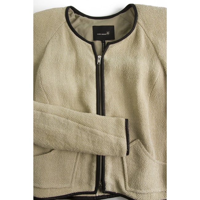 Isabel Marant Ecru Herringbone Black Leather Trim Zipper Cardigan Jacket size 2 - 5