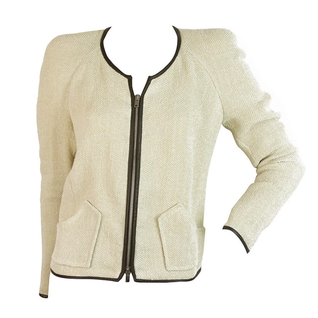 Isabel Marant Ecru Herringbone Black Leather Trim Zipper Cardigan Jacket size 2 - 6