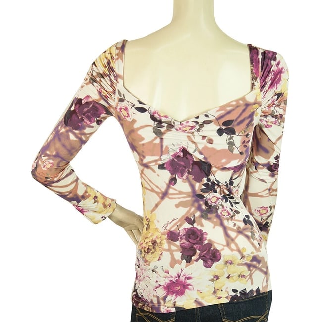 Just Cavalli Floral Long Sleeves Pleated Shoulders Fitted Top Blouse - 2