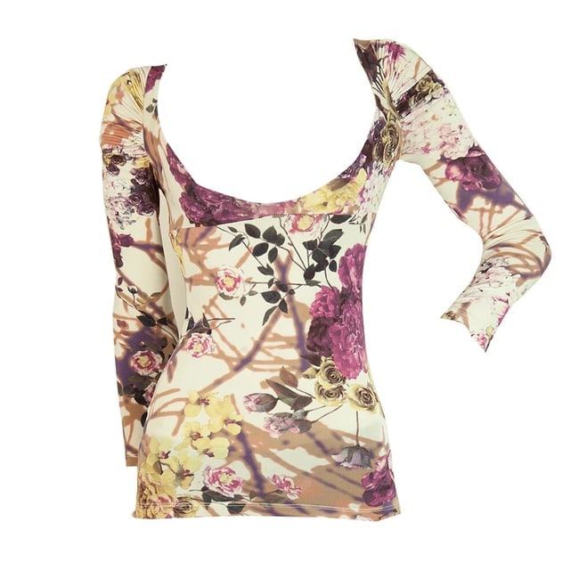 Just Cavalli Floral Long Sleeves Pleated Shoulders Fitted Top Blouse - 6