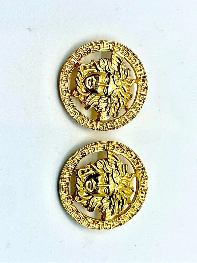 Versace Vintage Medusa Head 2 M Shank Buttons with Rim Meander Greek Key Border - 2