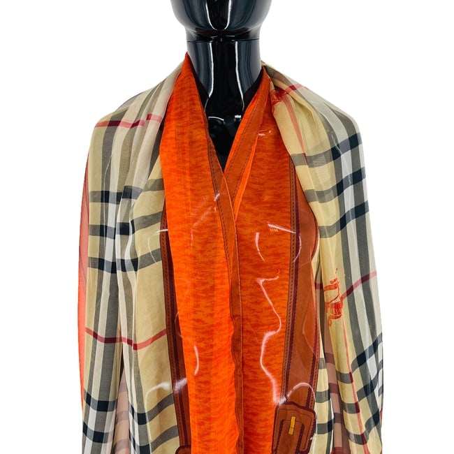 Burberry Beige & Orange Plaid 100% Silk Scarf - 2
