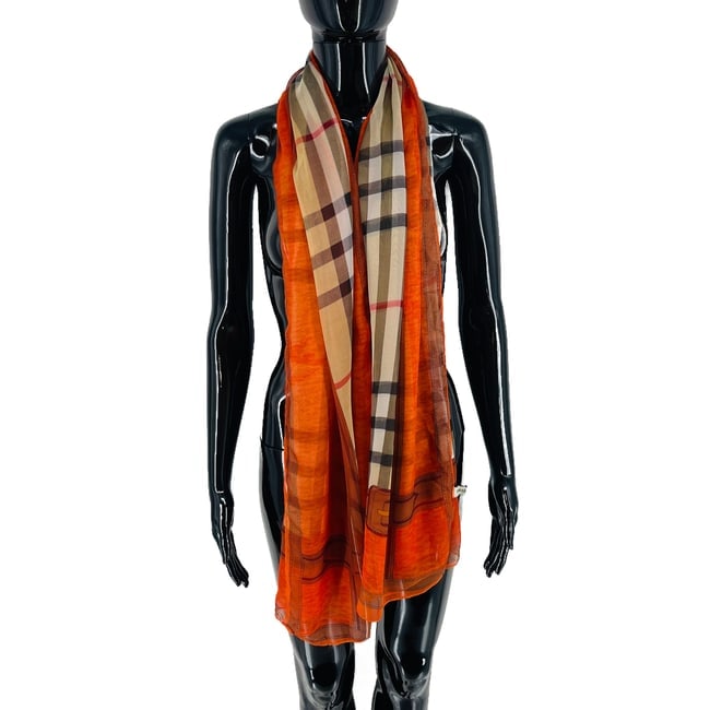 Burberry Beige & Orange Plaid 100% Silk Scarf - 3