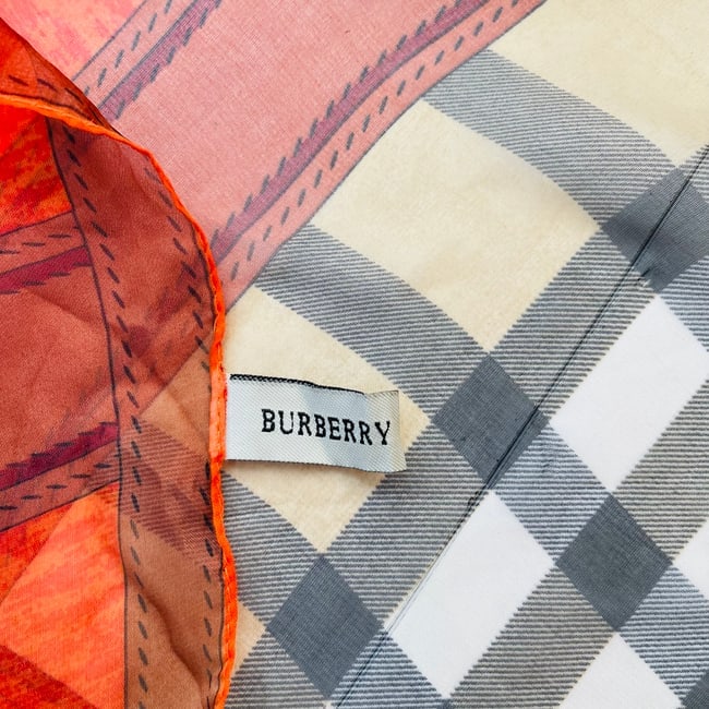 Burberry Beige & Orange Plaid 100% Silk Scarf - 6