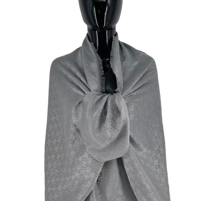 Gucci Grey Monogram Silk Wool Scarf - 2