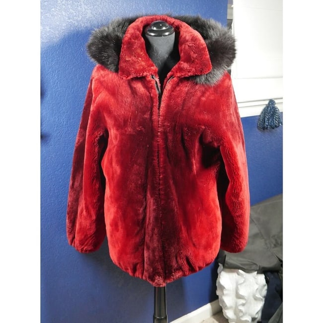 Gorgeous Scarlet Red Ombre Sheared Beaver & Black Fox Hooded Fur Coat Jacket (1 of 7)