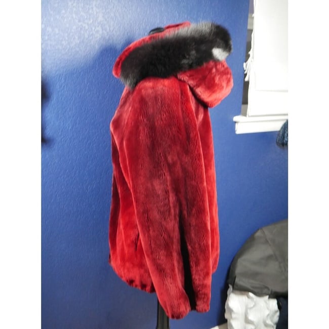 Gorgeous Scarlet Red Ombre Sheared Beaver & Black Fox Hooded Fur Coat Jacket - 2