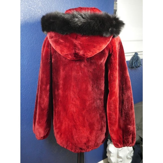 Gorgeous Scarlet Red Ombre Sheared Beaver & Black Fox Hooded Fur Coat Jacket - 3