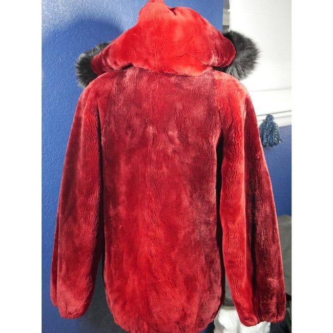 Gorgeous Scarlet Red Ombre Sheared Beaver & Black Fox Hooded Fur Coat Jacket - 4