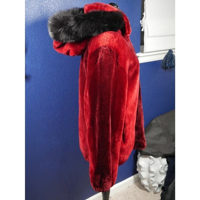 Gorgeous Scarlet Red Ombre Sheared Beaver & Black Fox Hooded Fur Coat Jacket - 5