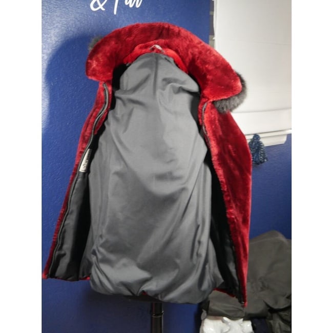 Gorgeous Scarlet Red Ombre Sheared Beaver & Black Fox Hooded Fur Coat Jacket - 6
