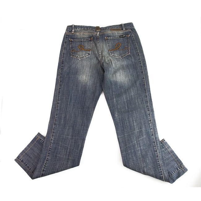Seven 7 Blue Jeans Denim Washed Trousers Pants w. Leather Details Crystals sz 30 - 2
