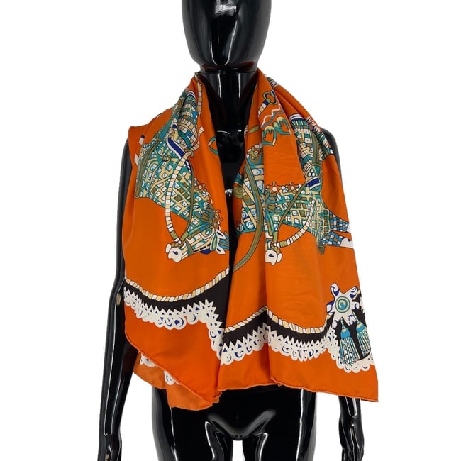 Hermes Orange Printed 100% Silk Scarf - 3