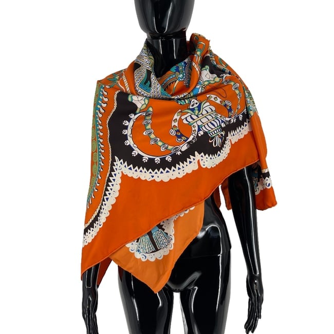 Hermes Orange Printed 100% Silk Scarf - 4