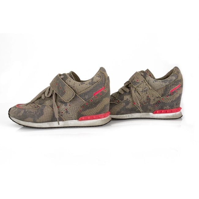 Ash Gray Leather Snakeskin Pattern Pink Trim Sneakers Wedge Trainers Shoes 40 - 6